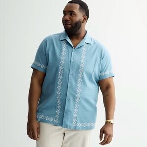 Mens Apt. 9 2XL Short Sleeve Rayon Camp Collar Embroidered Blue Shirt Linen New